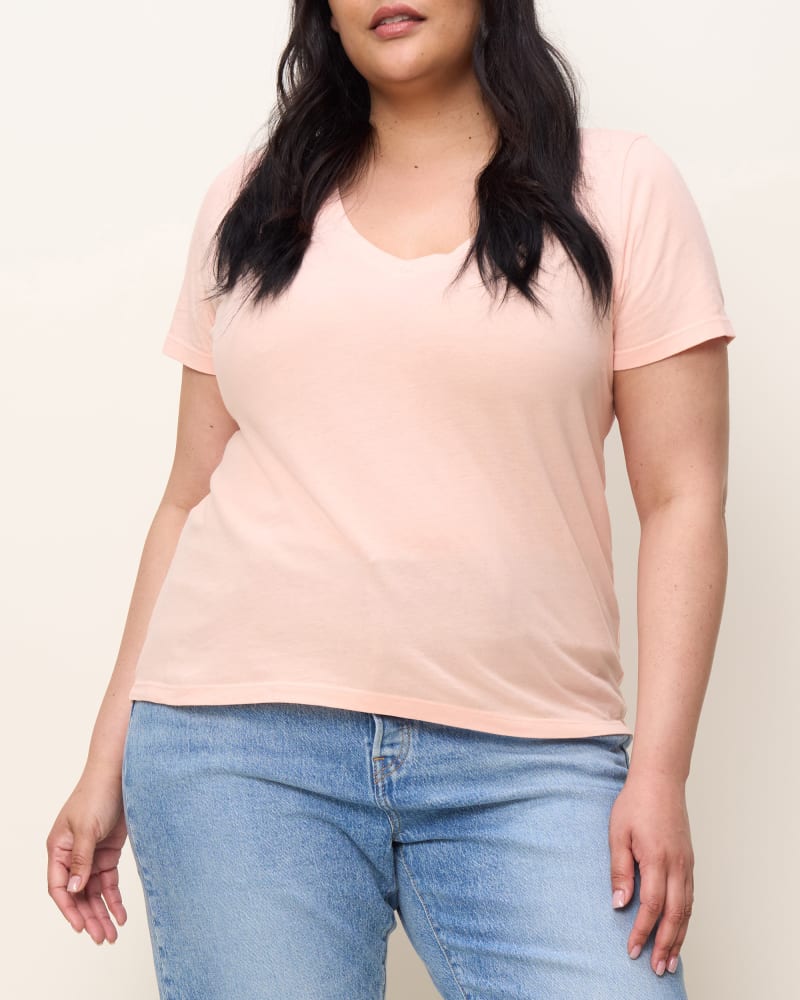 Front of a model wearing a size XL The V Neck Tee in Peach by The Standard Stitch. | dia_product_style_image_id:361133